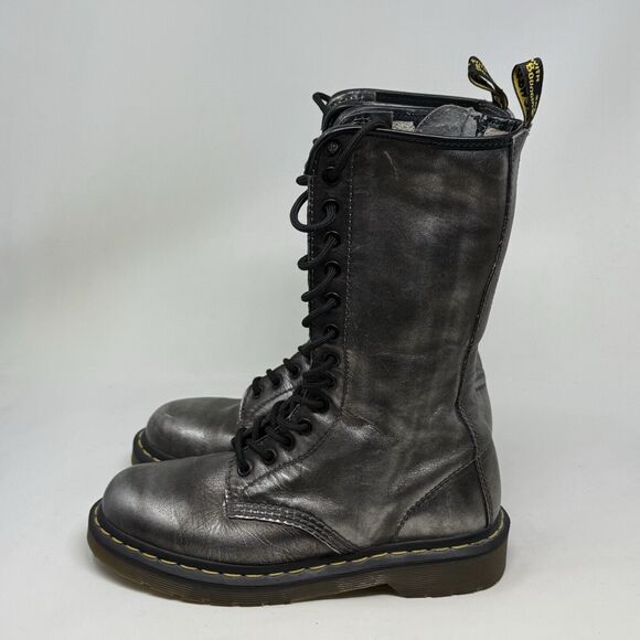 Dr Doc Martens 10183 Combat Boots Womens 7 Silver 14 Eyelet Zip Lace Up Goth - Picture 2 of 15